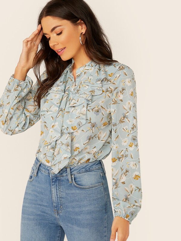 

Jabot Collar Floral Print Shirt, Blue, Aarika Wolf