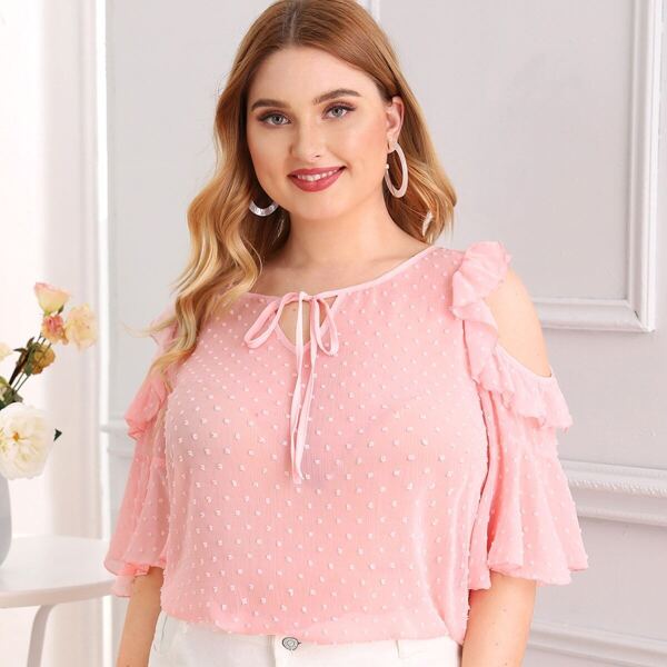 

Plus Cold Shoulder Tie Neck Ruffle Swiss Dot Top, Pink pastel
