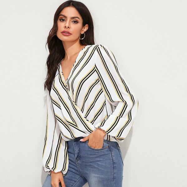 

Lantern Sleeve Wrap Draped Striped Top