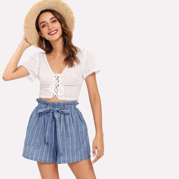 

Self Tie Waist Striped Paperbag Shorts