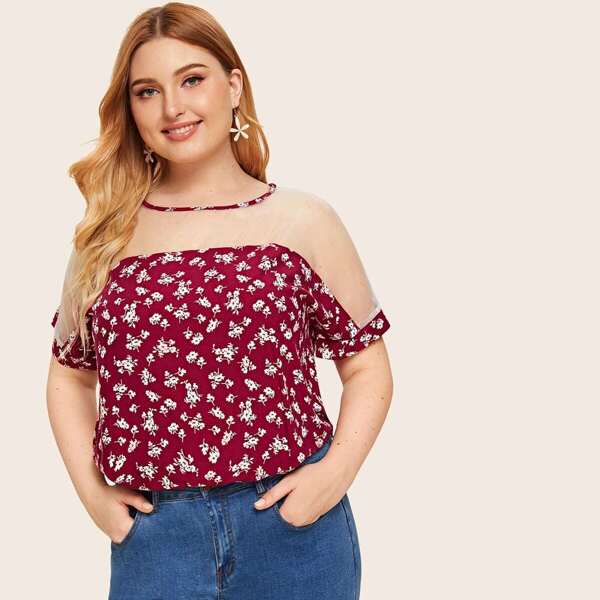 

Plus Floral Print Contrast Mesh Blouse