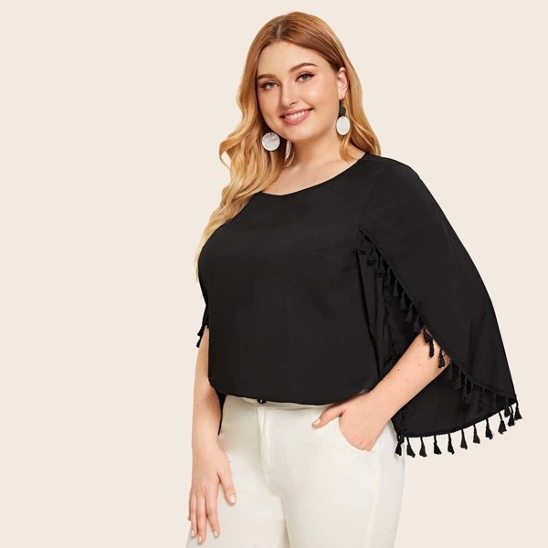 

Plus Split Sleeve Fringe Trim Blouse, Black