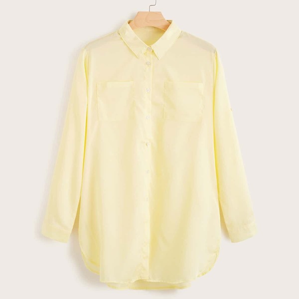 

Plus Button Front Pocket Curved Hem Blouse, Yellow pastel