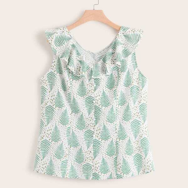 

Plus Plants & Dalmatian Print Button Front Ruffle Trim Blouse, Multicolor
