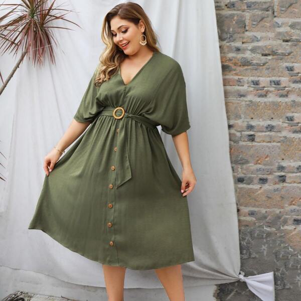 

Plus V Neck Button Front Belted Swing Dress, Green
