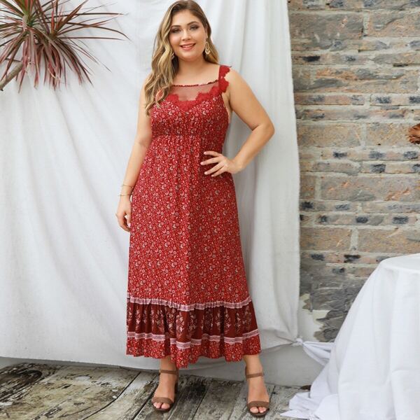 

Plus Contrast Mesh Ditsy Floral Print Dress, Red