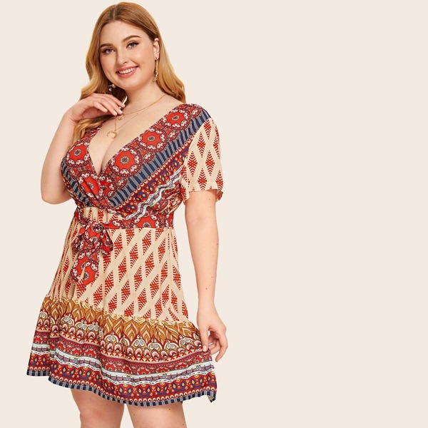 

Plus Deep V Neck Tribal Print Belted Dress, Multicolor