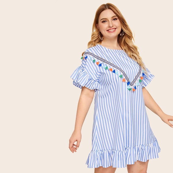 

Plus Flounce Sleeve Embroidery Fringe Striped Ruffle Hem Dress, Blue