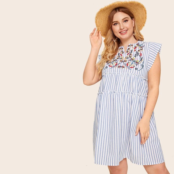 

Plus Floral Embroidery Striped Frill Trim Dress