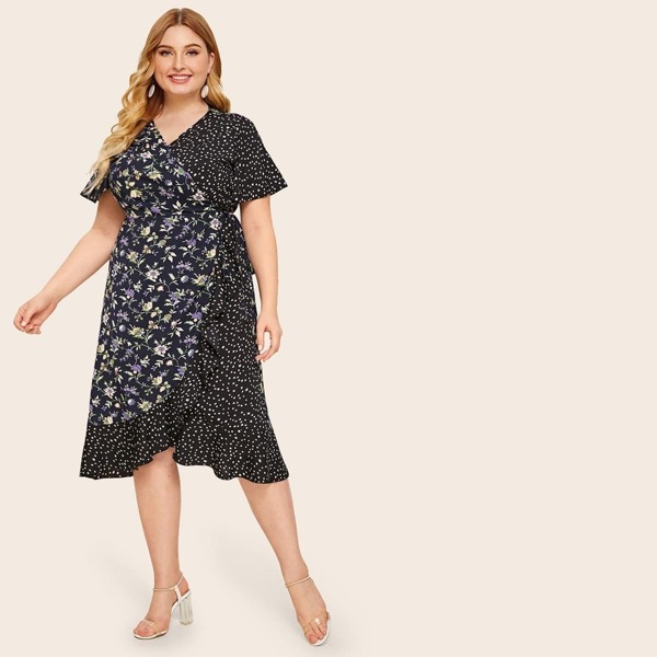 

Plus Floral & Dalmatian Print Ruffle Wrap Dress, Multicolor