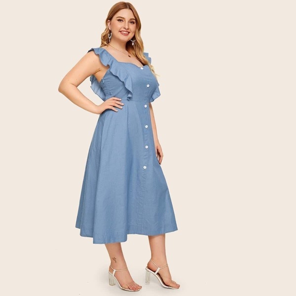 

Plus Button Front Ruffle Cuff Denim Dress