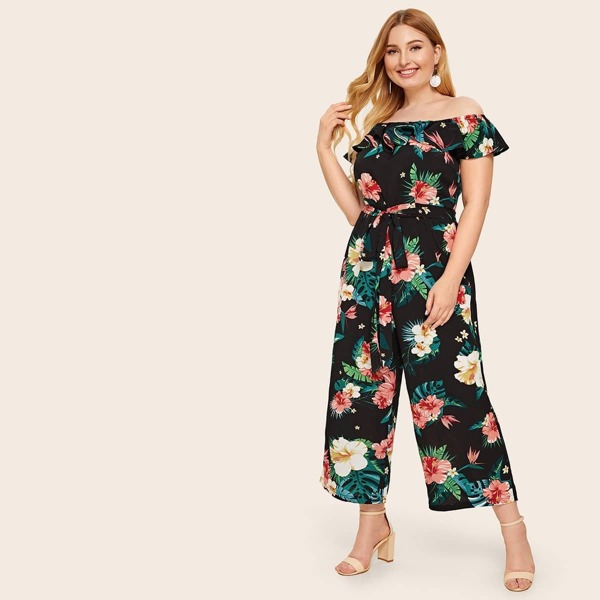 

Plus Off Shoulder Floral Print Ruffle Trim Jumpsuit, Multicolor
