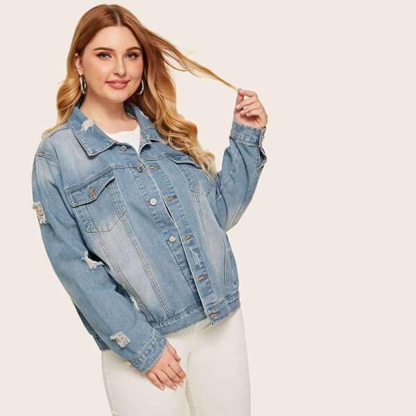 

Plus Button Front Ripped Pocket Washed Denim Jacket