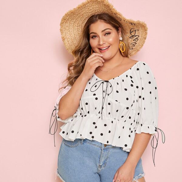 

Plus Polka Dot Tie Front Knot Cuff Peplum Top, White