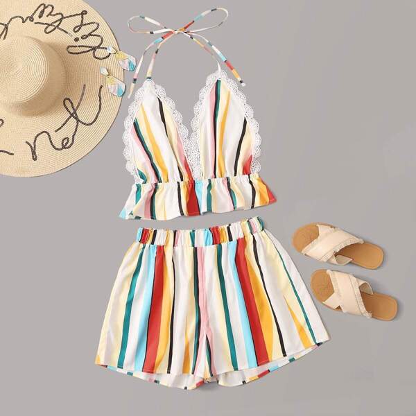 

Halter Rainbow Striped Ruffle Hem Top With Shorts, Multicolor