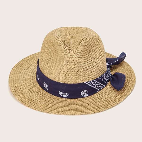 

Men Bow Knot Decor Straw Hat, Khaki