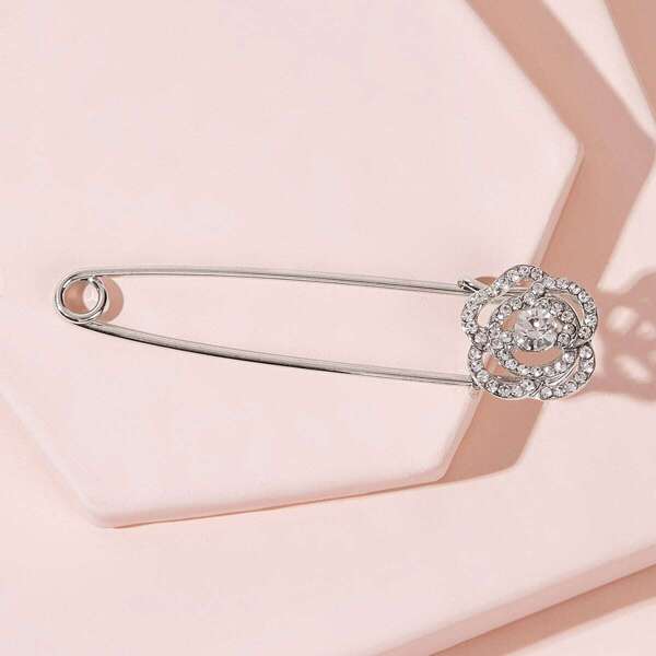 

Rhinestone Engraved Flower Brooch Pin 1pc, Silver