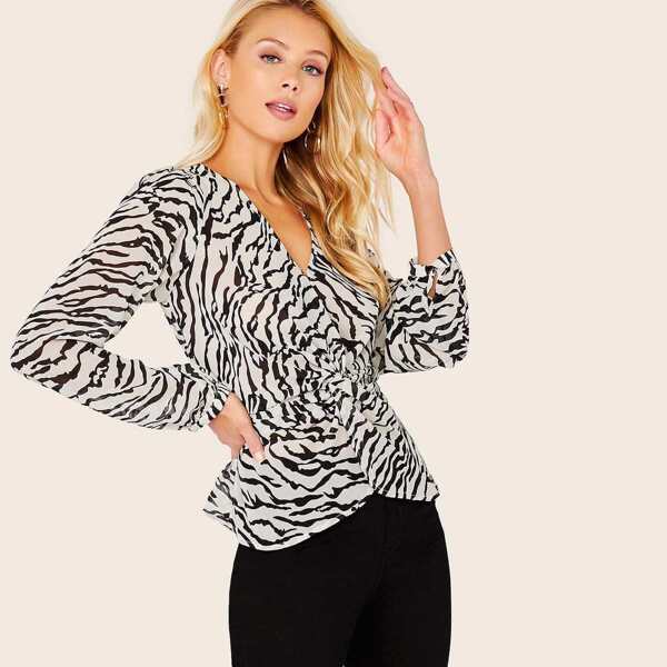 

Front Twist Sheer Zebra Chiffon Long Sleeve Blouse, Black and white