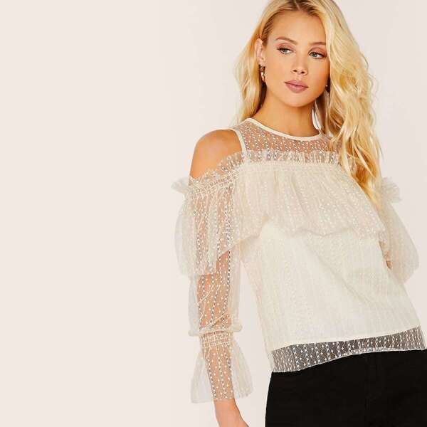 

Cold Shoulder Ruffle Embroidered Mesh Blouse