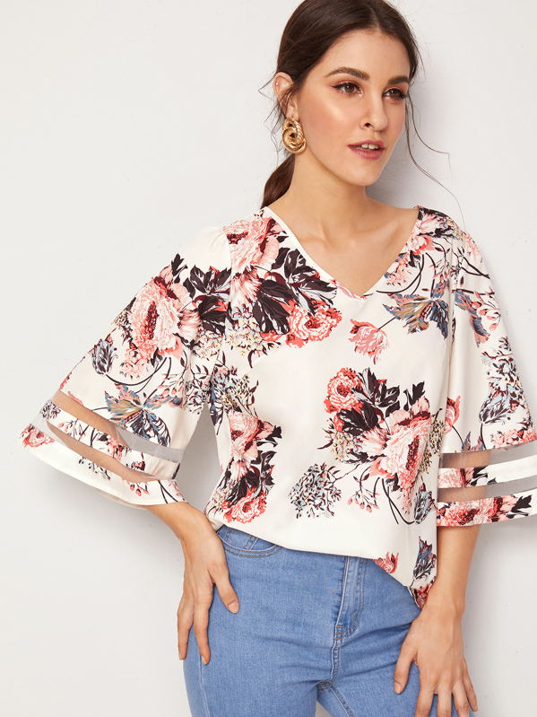 

Botanical Print Mesh Insert Bell Sleeve Top, Multicolor, Vikie