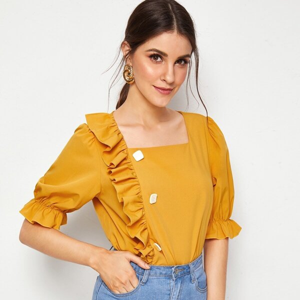 

Square Neck Button Detail Ruffle Top