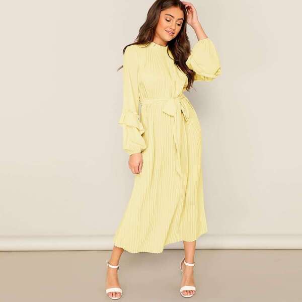 

Frill Neck Lantern Sleeve Pleated Belted Dress, Yellow pastel