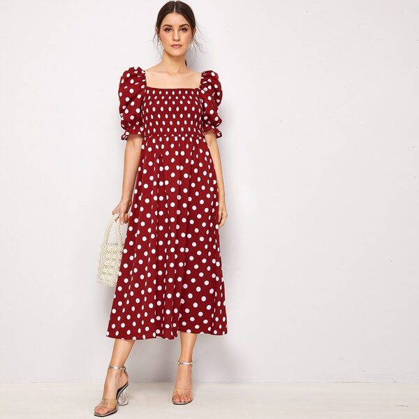 

Polka Dot Shirred Bodice Puff Sleeve Dress, Burgundy