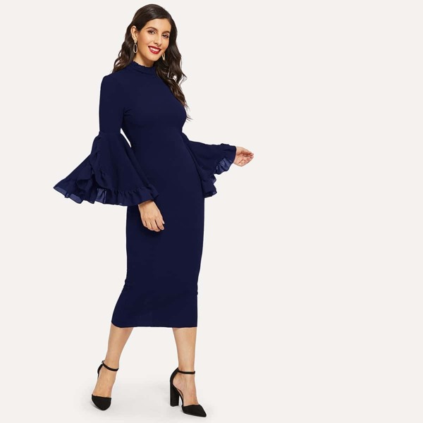 

Exaggerate Flounce Sleeve Pencil Dress, Navy