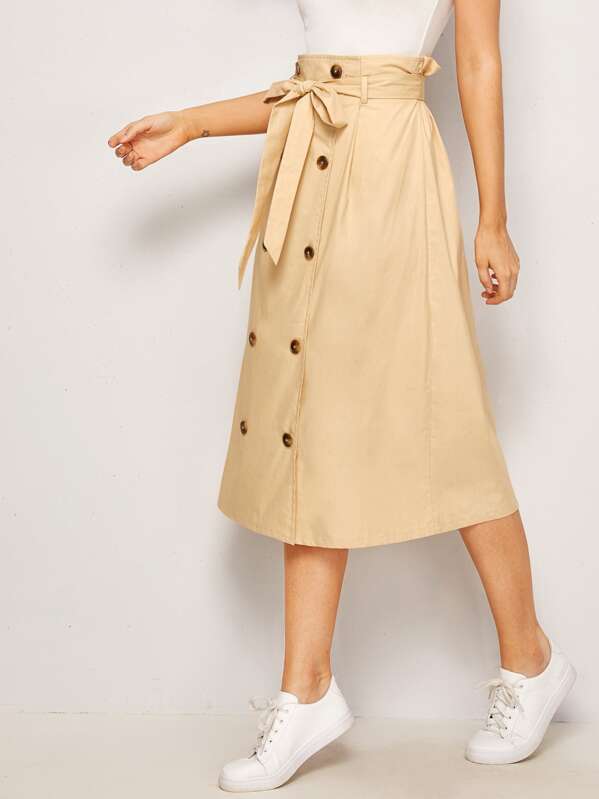 

Paperbag Waist Double Breasted Belted Skirt, Khaki, Vikie