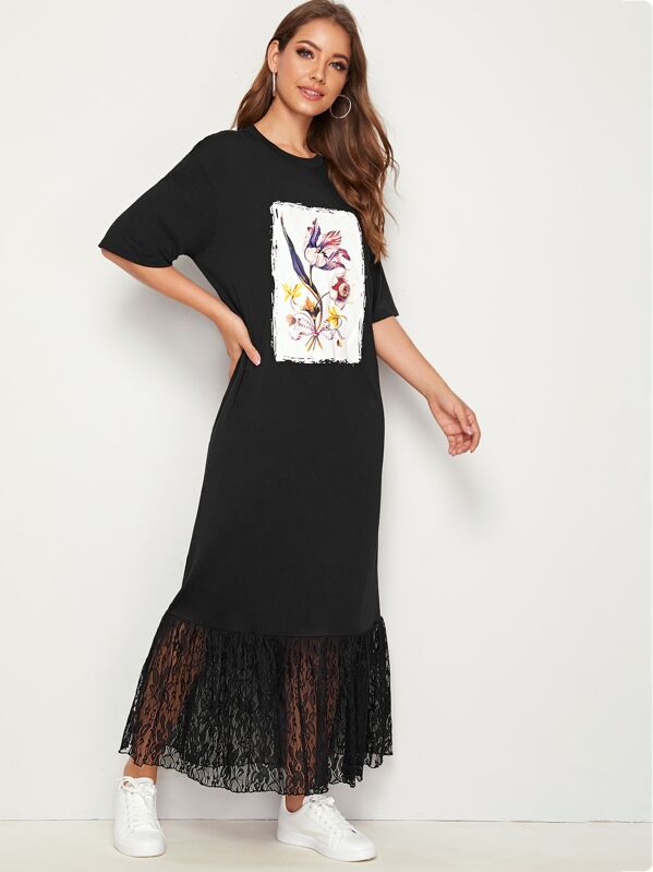 

Picture Print Lace Ruffle Hem Dress, Black, Debi Cruz