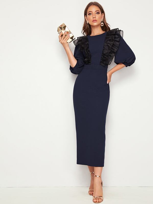 

Organza Ruffle Trim Lantern Sleeve Pencil Dress, Navy, Debi Cruz