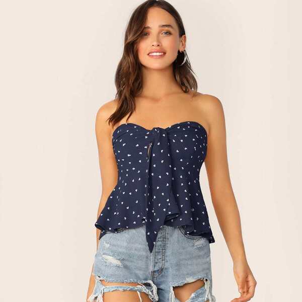 

Heart Print Sweetheart Neck Tie Front Tube Peplum Top