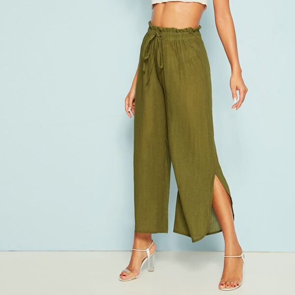 

Solid Drawstring Waist Slit Wide Leg Pants