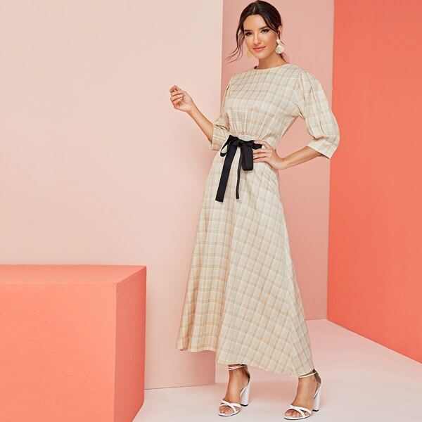 

Plaid Tie Front Plicated Sleeve Dress, Multicolor