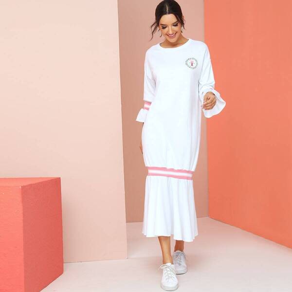 

Ribbed Striped Flounce Sleeve Ruffle Hem Dress