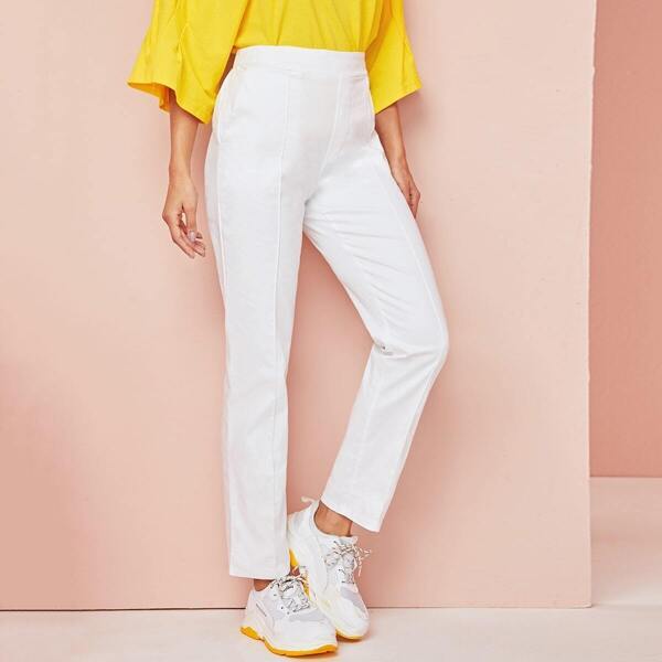 

Solid Dual Pocket Elastic Waist Pants, White