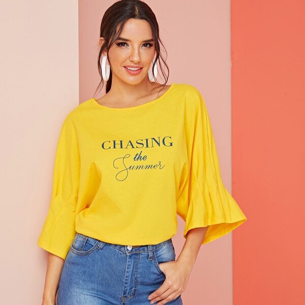 

Letter Print Flounce Sleeve Tee, Yellow