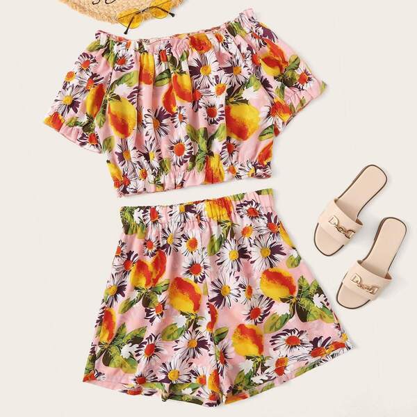 

Plus Fruit Print Ruffle Trim Off Shoulder Top & Shorts Set, Multicolor