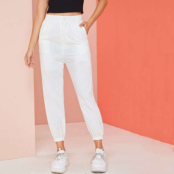 

Button Waist Solid Pants, White