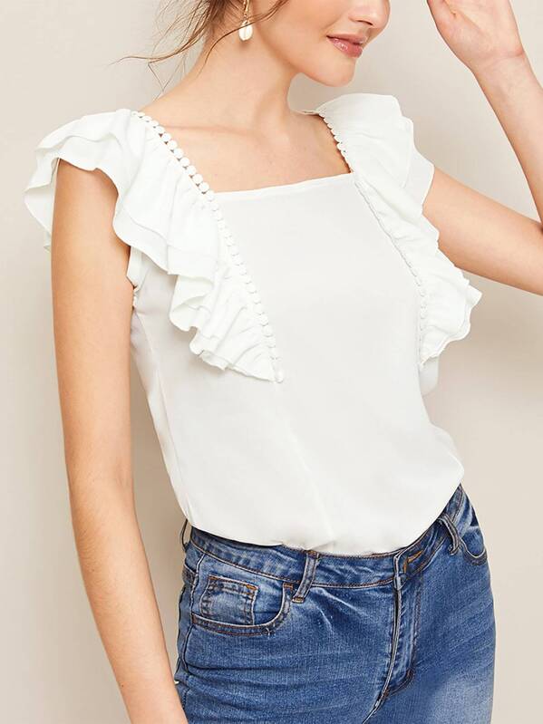 

Ruffle Trim Square Neck Blouse, White, Natalia