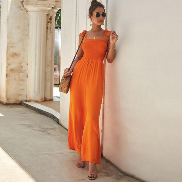 

Neon Orange Shirred Knot Wide Leg Jumpsuit, Orange bright