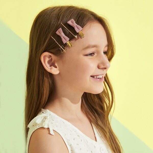 

Toddler Girls Bow Tie & Rhinestone Decor Hair Clip 4pcs