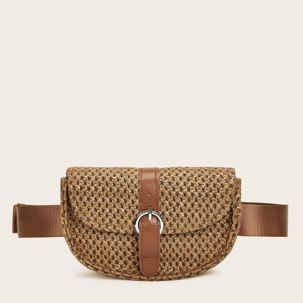 

Buckle Decor Straw Paper Fanny Pack, Khaki