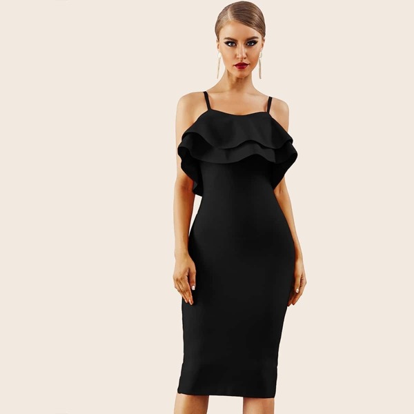 

Ruffle Trim Split Hem Bodycon Slip Dress, Black