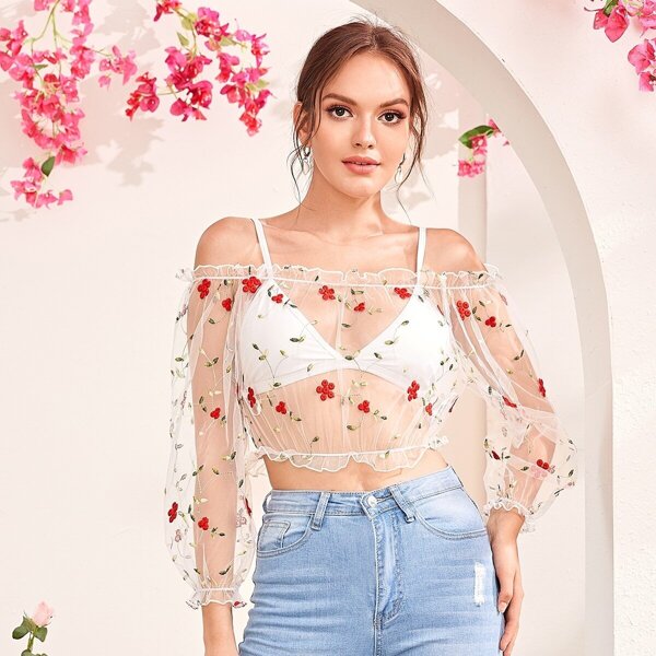 

Bardot Embroidered Mesh Frill Trim Sheer Top Without Bra