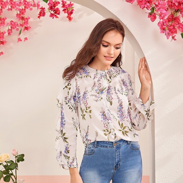 

Botanical Print Ruffle Trim Shirt