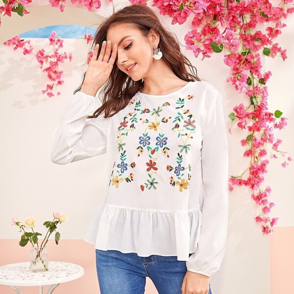 

Embroidered Botanical Tie Back Ruffle Hem Top