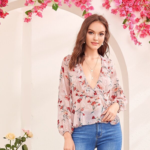 

Floral Print Plunging Neck Ruffle Trim Top, Pink pastel