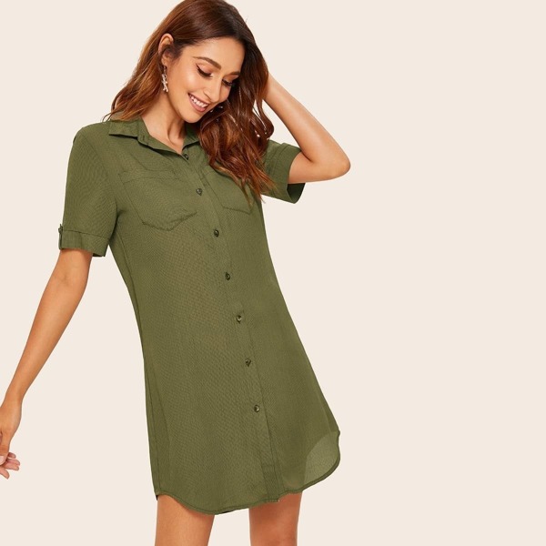 

Solid Pocket Patch Tab Sleeve Shirt Dress, Army green