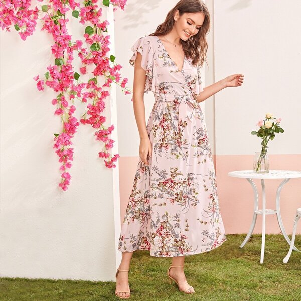 

Floral Print Surplice Neck Flutter Sleeve Belted Dress